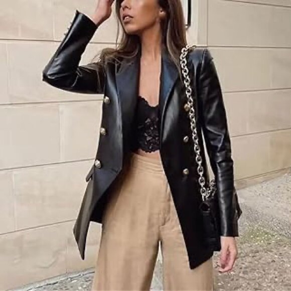 Zara Black Double Breasted Faux Leather Blazer - Picture 1 of 9